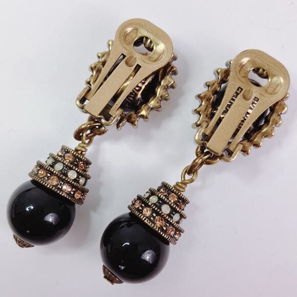 VTG Signed Heidi Daus Rhinestone Black Bead Faux Pearl Gold Clip Dangle Earrings - Picture 6 of 11